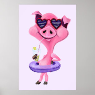 Póster Divertido con Cerdo Feliz de Fiesta - Pintu