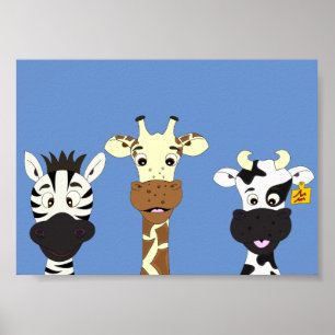 Póster divertido de cebra jirafa vaca dibujos anim
