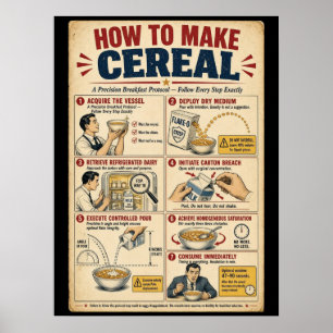 Póster divertido de cocina sobre cómo hacer cereal