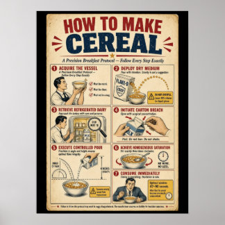Póster divertido de cocina sobre cómo hacer cereal