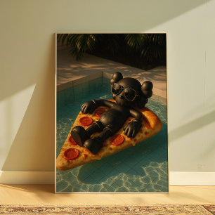 Póster divertido de flotador de pizza en la piscin