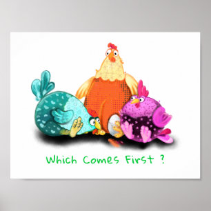 Póster divertido de gallinas esperando que el huev