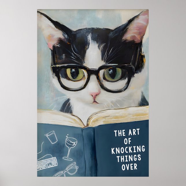 Póster divertido de gato leyendo para pared de bañ (Frente)