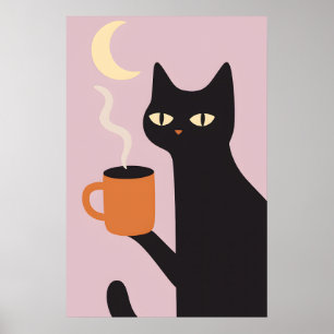 Póster divertido de gato negro café luna