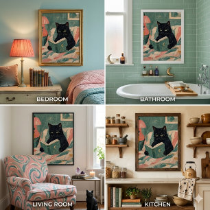 Póster divertido de gato negro vintage leyendo lib
