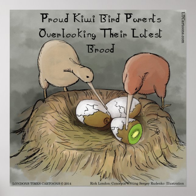 Póster divertido de pájaros kiwi cuidando su fruta (Frente)