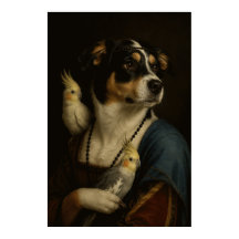 Póster divertido de perro y cacatúas del Renacimie