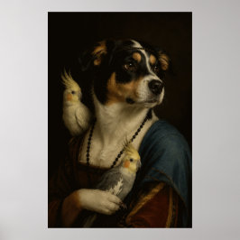Póster divertido de perro y cacatúas del Renacimie