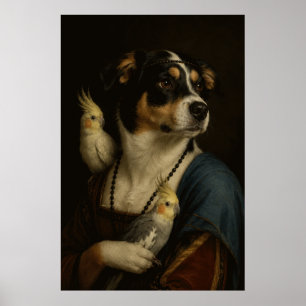 Póster divertido de perro y cacatúas del Renacimie