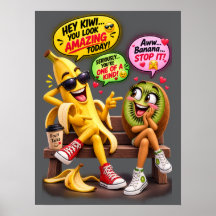 Póster divertido de plátano y kiwi coqueteando