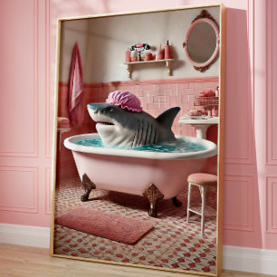 Póster divertido de tiburón en bañera Baño rosa
