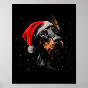 Póster Divertido Doberman Perro Luces de Navidad Sombrero