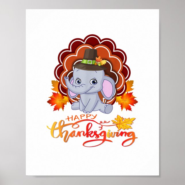 Póster Divertido elefante Turquía Feliz Día de Gracias (Frente)