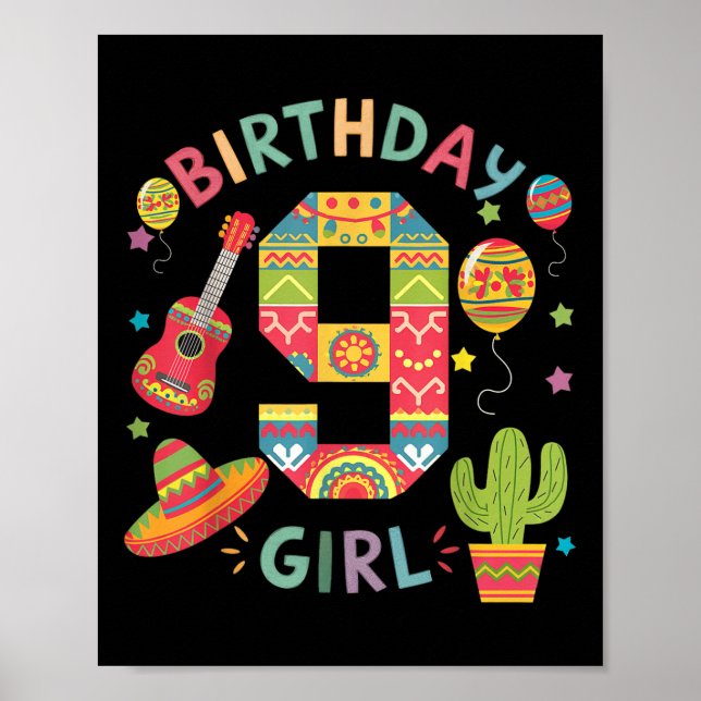 Póster Divertido Fiesta temática mexicano 9 cumpleaños Fi (Frente)