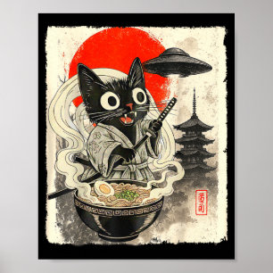 Póster Divertido Gato Negro Ramen Alien Ufo Abducción Jap