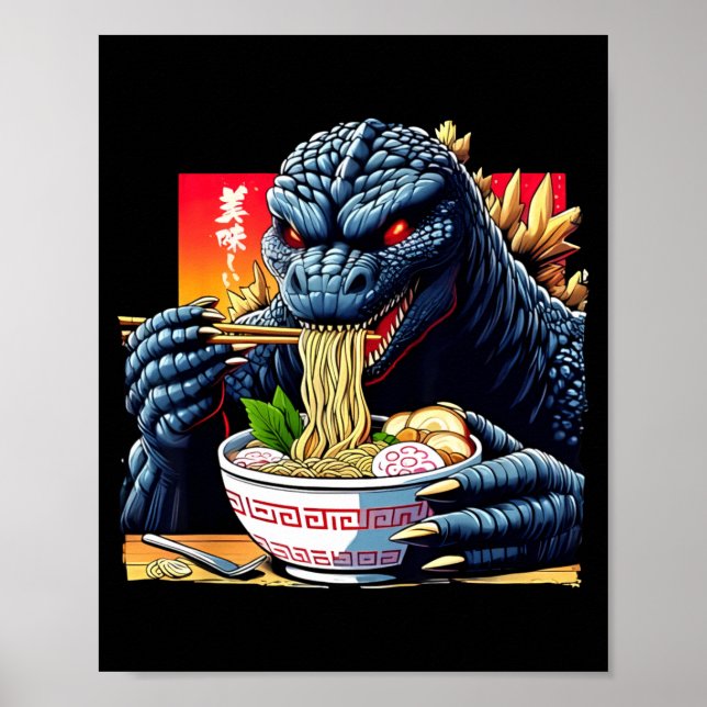 Póster Divertido Kaiju Comiendo Ramen Amante de Monstruos (Frente)