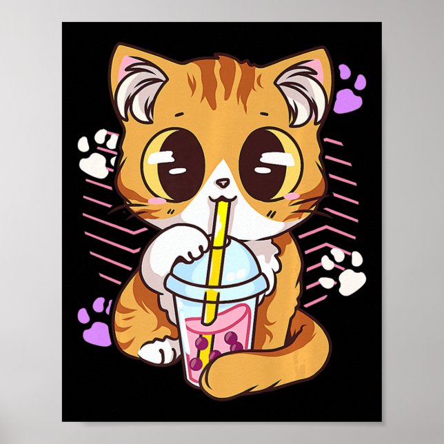 Póster Divertido Kawaii Cute Cat Boba Burbuja Leche Té An (Frente)
