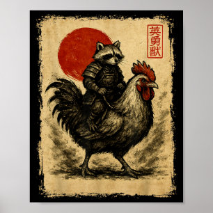 Póster Divertido Mapache Gallo Pollo Japonés Uki Vintage