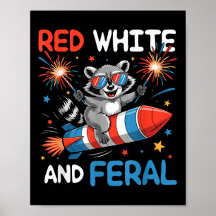 Póster Divertido mapache rojo blanco y salvaje 4 de julio