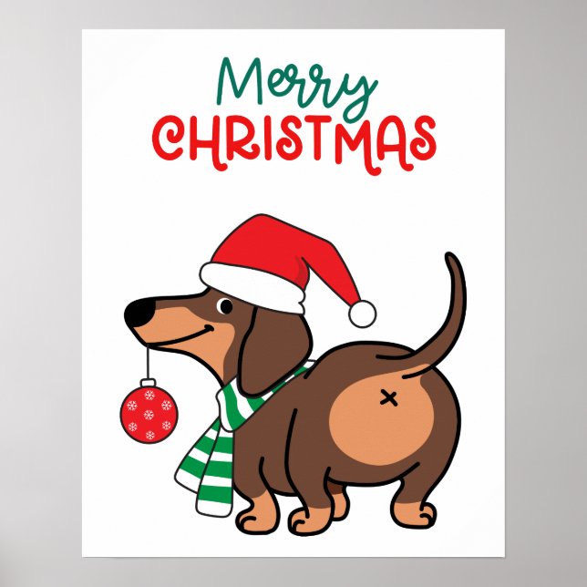 Póster Divertido perro de Dachshund Cute Feliz Navidad (Frente)