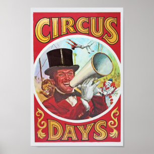 Póster Divertido poster de circo rojo y oro escribiendo s