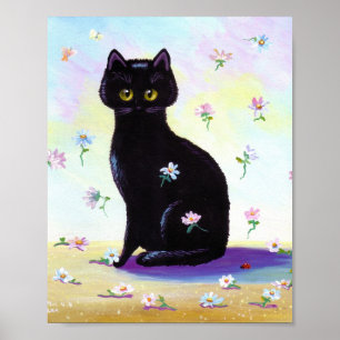 Póster Divertido Poster de gato negro lindo Daisies Creat