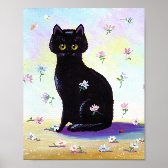 Póster Divertido Poster de gato negro lindo Daisies Creat (Frente)