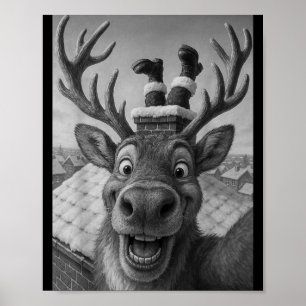 Póster Divertido Reno Selfie Santa Niños Niñas Navidad 