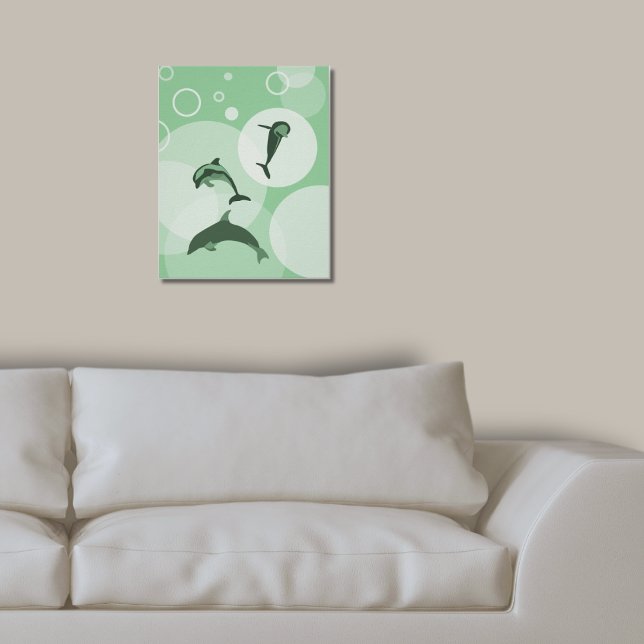 Póster Divertidos delfines de oleada turquesa y verde-tur (Fun Turquoise-Green Wave Jumping Dolphins Poster Family Living Room)