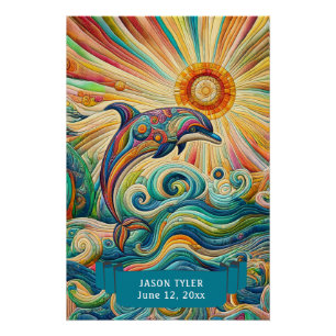PÓSTER DIVERTIDOS DELFINES, MAR Y SOL COLORIDOS Y BLANCOS