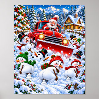 Póster Diviértete con Santa quitanieves y muñecos de niev