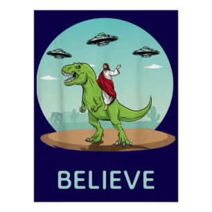 Póster Diviértete Jesús Dinosaurio OVNI Cree Retro