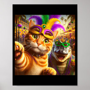 Póster Diviértete Mardi Gras Selfie Gato Lagarto Cocodril