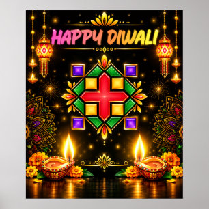Póster Diwali Feliz Colorido Rangoli y Diya Tradicional