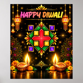 Póster Diwali Feliz Colorido Rangoli y Diya Tradicional