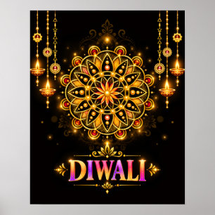 Póster Diwali Mandala Dorado Rangoli Festival de las Luce