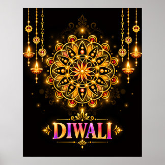Póster Diwali Mandala Dorado Rangoli Festival de las Luce