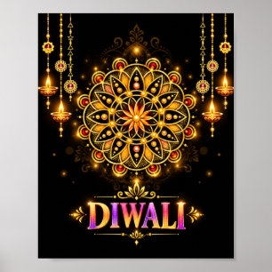 Póster Diwali Mandala Dorado Rangoli Festival de las Luce