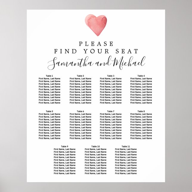 Póster DIY Red Heart 11-Tabla de asientos para Bodas (Frente)