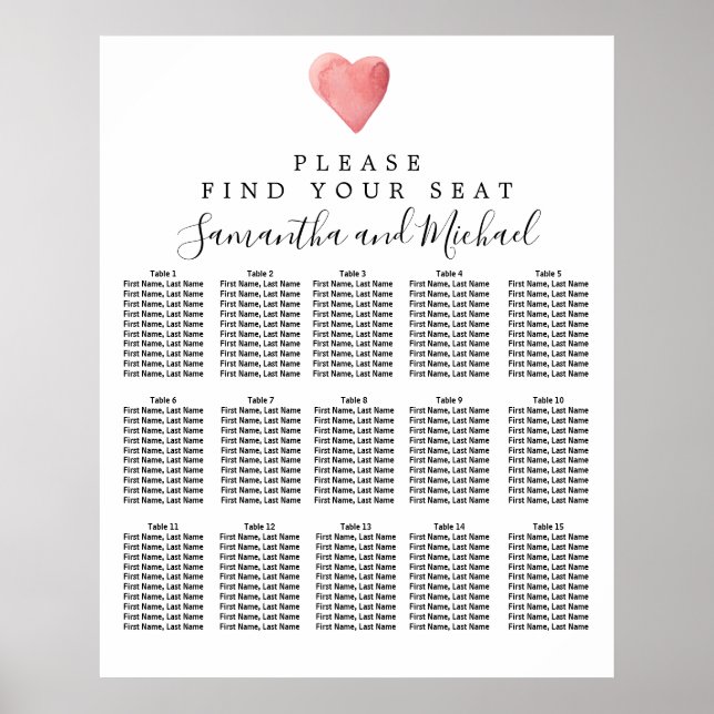 Póster DIY Red Heart 15-Tabla de asientos para Bodas (Frente)