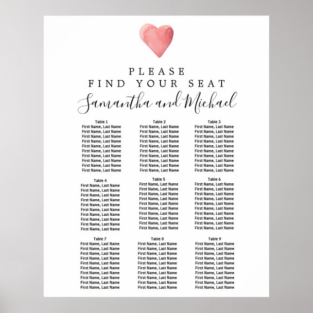Póster DIY Red Heart 9-Tabla de Asientos para Bodas (Frente)