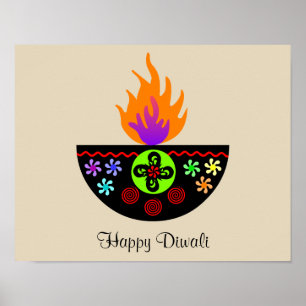 Póster Diya colorida lámpara Diwali