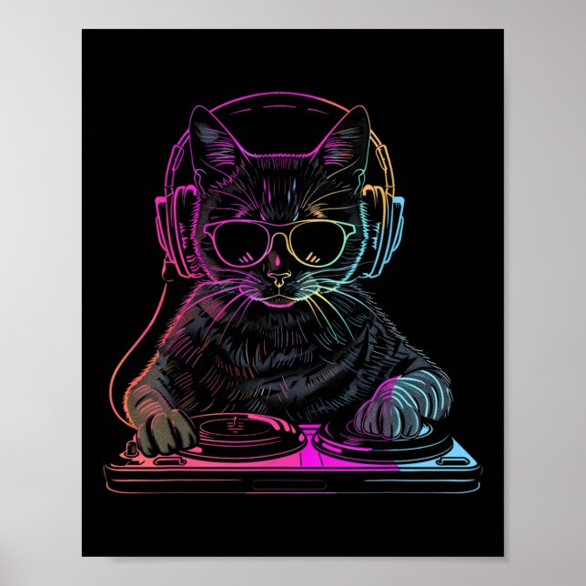 Póster Dj Cat Edm Techno House Music Funny Cat Lover (Frente)
