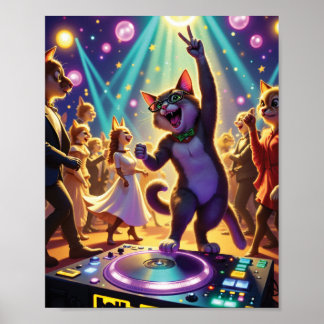 Póster DJ de gato fiesta liderando la máxima danza del su
