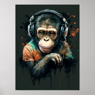 Póster DJ de Monkey Chimp con auriculares, amante de la m