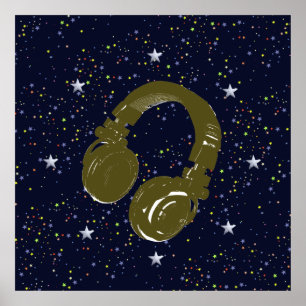 Póster dj headphone & starry night sky