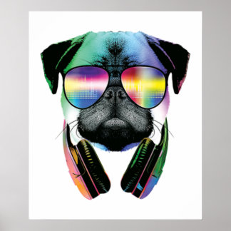 Póster Dj Pug Con Gafas De Sol Y Música De Auriculares