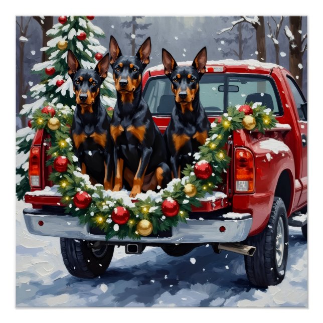 Póster Doberman Pinscher Christmas Red Truck Holiday (Anverso)
