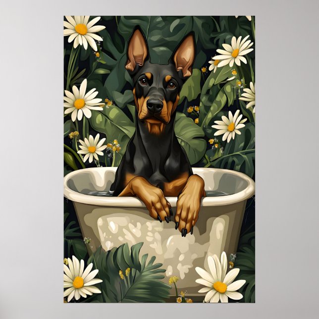 Póster Doberman Pinscher In Bathtub Poster, Funny Dog (Frente)