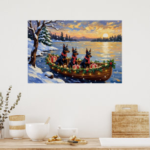 Póster Doberman Pinscher Navidad Barco Fiesta
